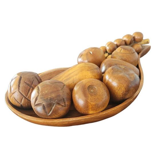 Vintage Mid-Century Carved Wooden Fruit & Bowl - Picture 2 of 11